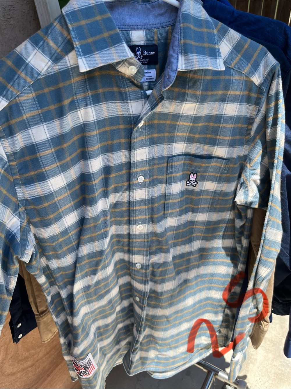 Psycho Bunny Blue and Cream Plaid Button-Down Shirt